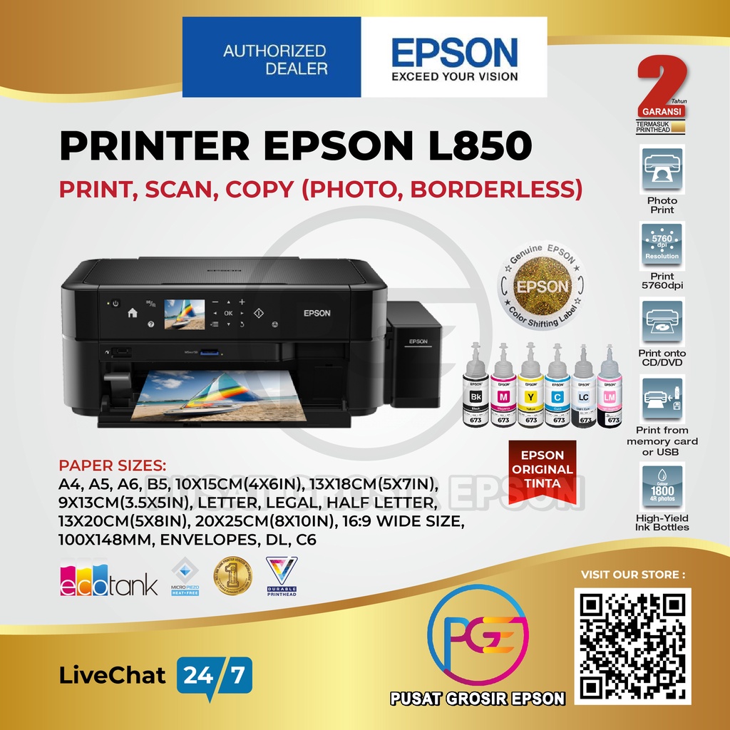 PRINTER EPSON L850 L-850 L 850 (PRINT, SCAN, CD, COPY) GARANSI RESMI DAN ORIGINAL