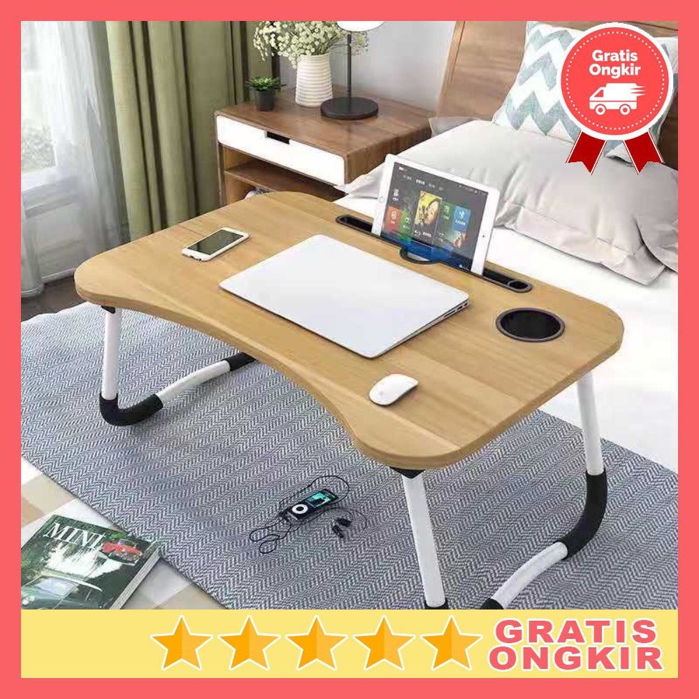 Grab Medan Meja Belajar Laptop Lipat Portable Desk + Tempat Botol Minum L62 NWDESK Wooden