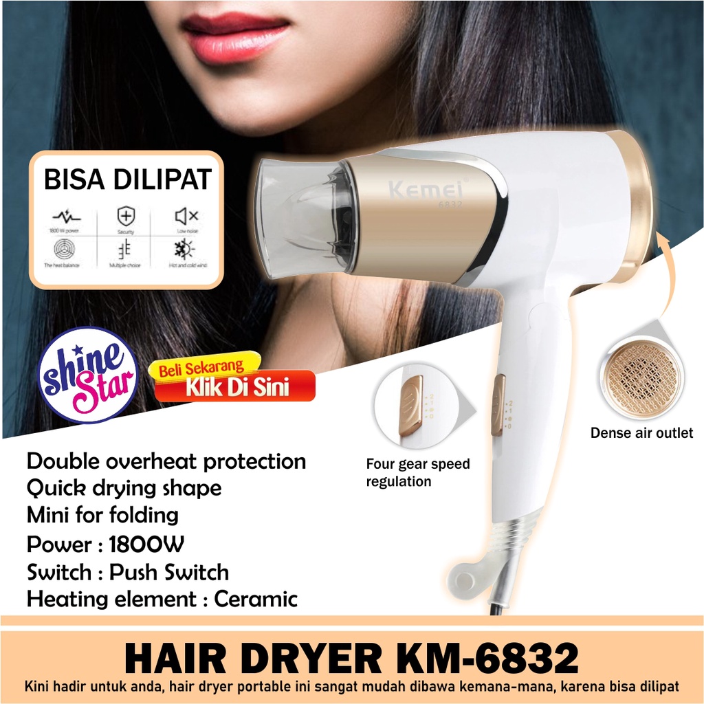 SHINE STAR - BISA COD - PROMO Kemei KM-6832/KM 6832 Pengering Rambut Model Lipat Panas Travel Hair Dryer