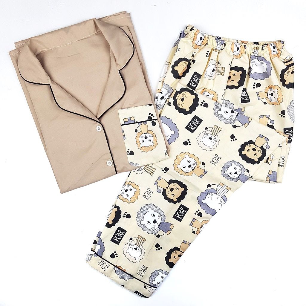 PIYAMA DEWASA JUMBO CP LD 120 cm big size lengan pendek celana panjang lucu-Lion Cream 110