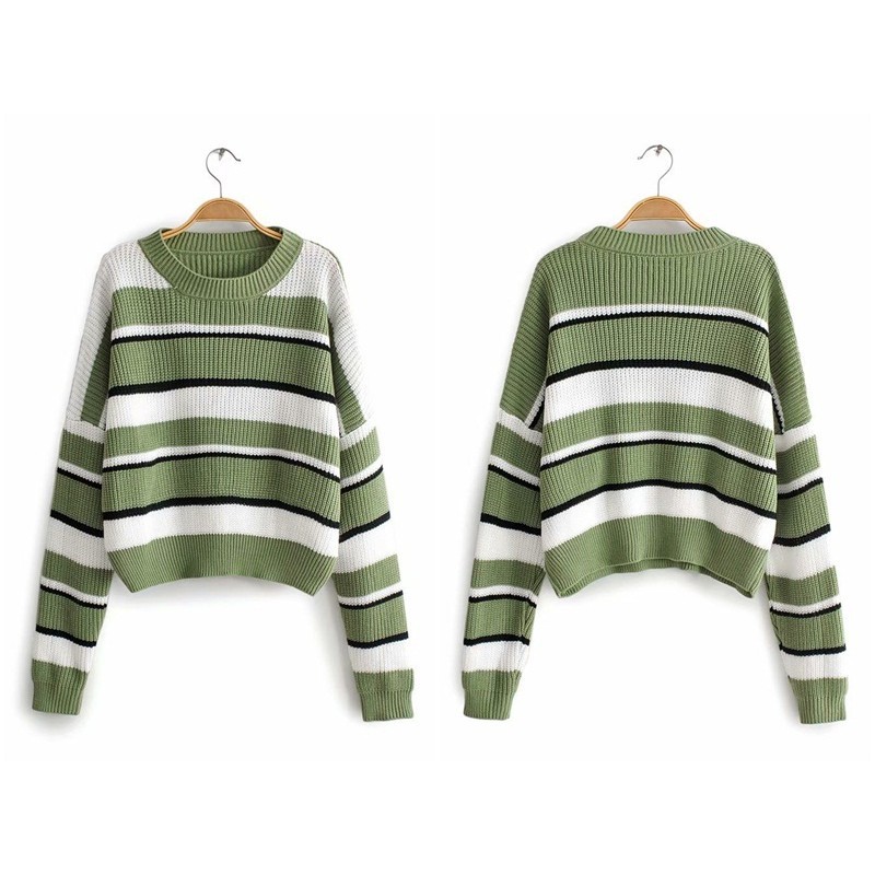 [baju wanita korea]  Winter Sweater Rajut Garis Hijau Putih Wanita Korea Import