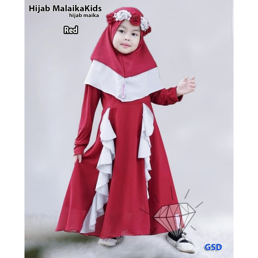 hijab malaika merah/maxi bergo muslim anak/baju dress muslim anak