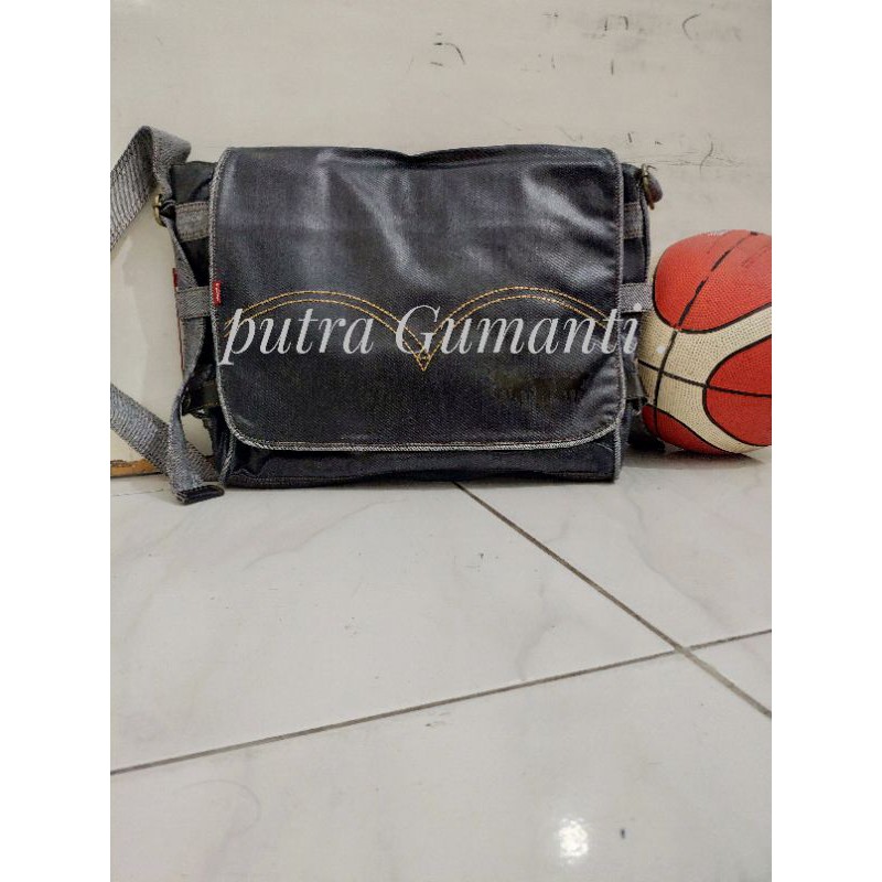 tas selempang tas denim tas pria basket - hitam