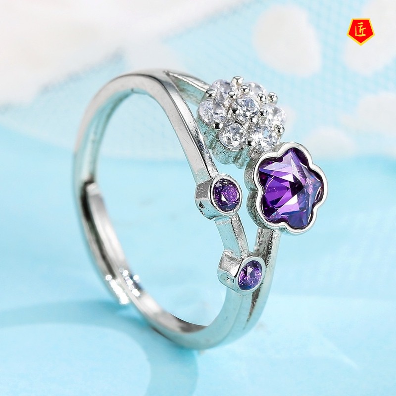 [Ready Stock]Women's Platinum Flower Amethyst Ring