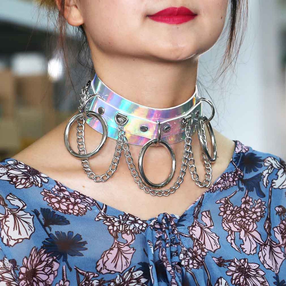 Hu Hu Hu Hu Hu Alat Bantu Pasang Kacamata♡ Kalung Choker Rantai Adjustable Warna Laser Gaya Punk Untuk Wanita