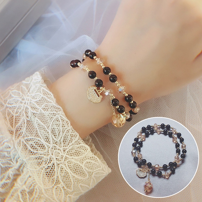 Gelang Kristal Garnet Bentuk Lingkaran Ganda Untuk Wanita