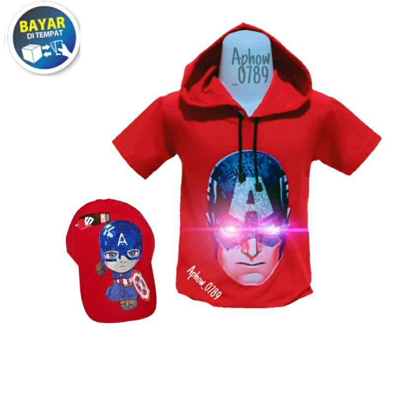 2in1 kaos anak captain america kaos hoodie dan topi anak LED bisa nyala baju kaos anakbusia 1-10 tahun