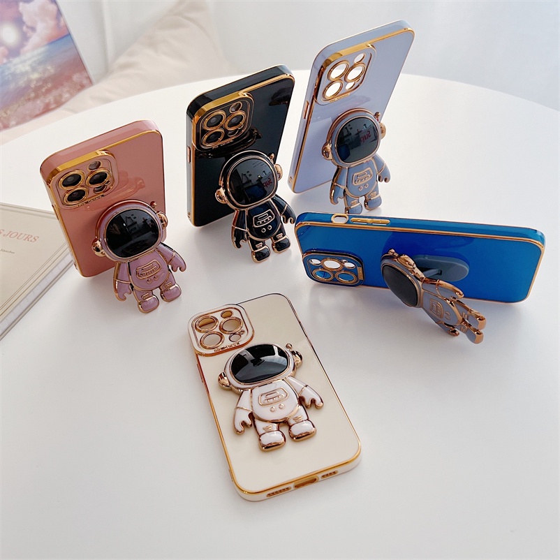 Soft Case Silikon Electroplated Pelindung Lensa Dengan Stand Astronaut Untuk iPhone 13 12 11 Pro Max X XR XS SE 2020 Max 8 7 6 6s Plus