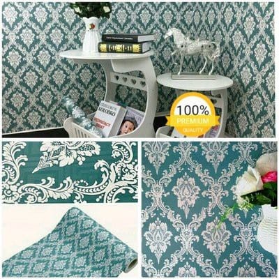 WALLPAPER STIKER DINDING MOTIF BATIK SILVER DASAR HIJAU TOSKA