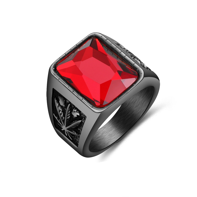 Pria Rubi Baja Titanium Merah hitam Kristal Batu permata Perhiasan Fashion Daun maple Cincin Rings