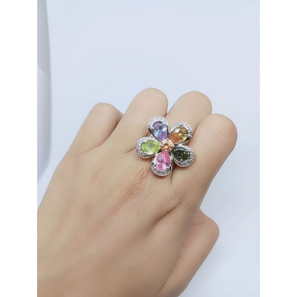 cincin perak925 asli lapis mas putih model bunga batu kombinasi warna warni/ cincin perak925 fashion