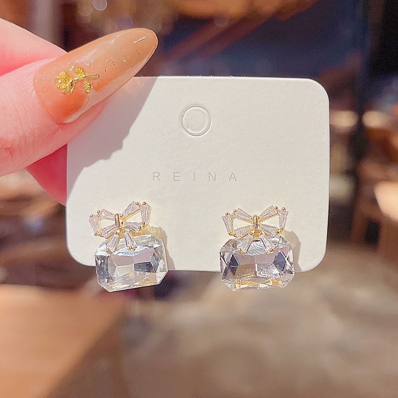 Shuling Bow Crystal Zircon Earrings Female Super Cute Stud Earring S925 silver needle Ear Jewelry