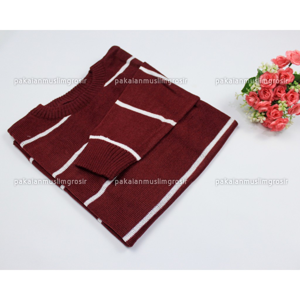 Atasan Rajut Sweater Rajut Knit Zia Adeline-Maroon - Putih