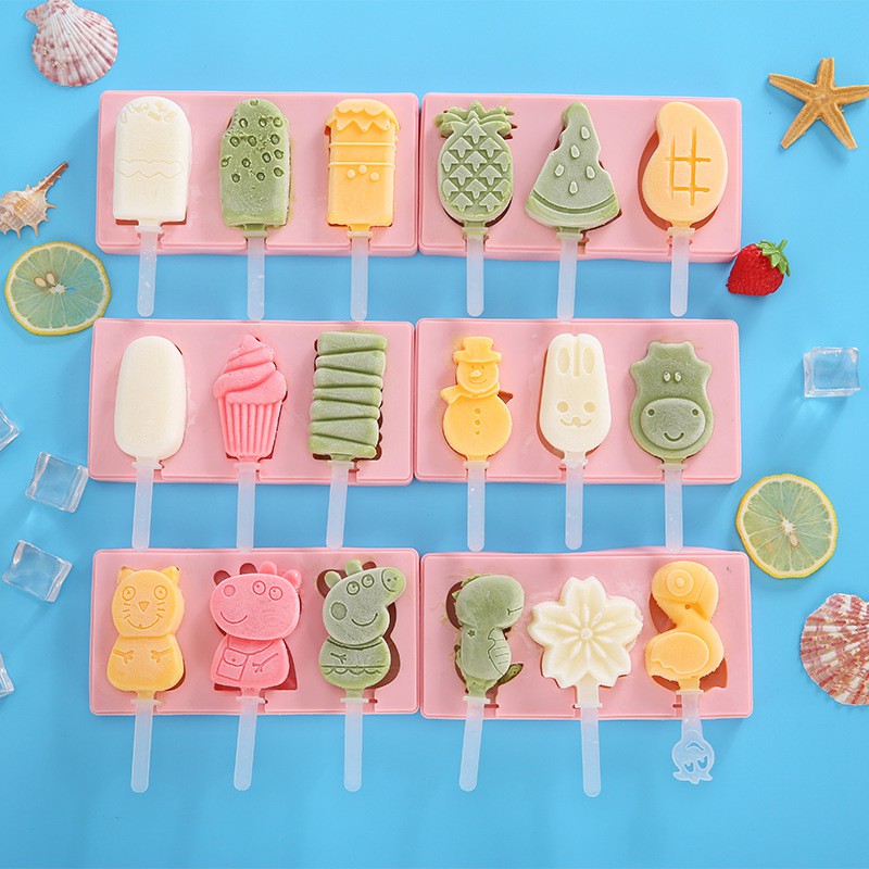 BISA COD Cetakan Es Krim Bahan Silikon 3 Hole Silicone Mold Dessert with Popsicle Sticks