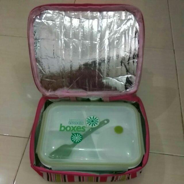 Tas Bekal/ Kotak/ Tempat Makan (lunch Box Bag) Motif Salur Polos Lapis Aluminium (insulated)