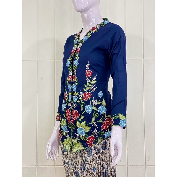 ESW03 - Daliyu KEBAYA ENCIM LENGAN PANJANG BORDIR WARNA Katun Stretch / Kebaya Wisuda / S M L XL XXL-Navy