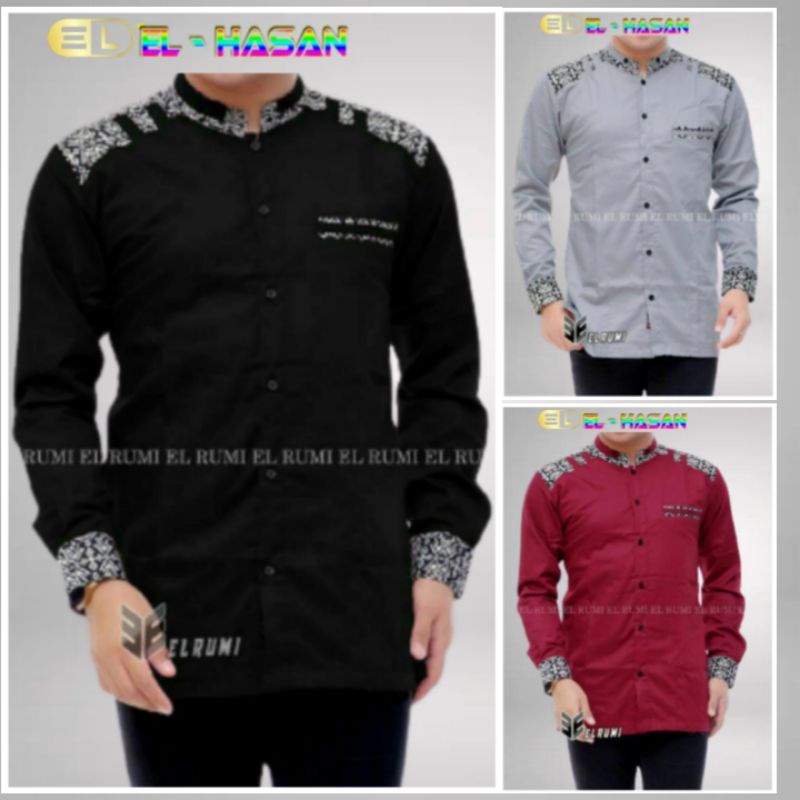 baju Koko lengan panjang kombinasi batik Koko azahir baju Hadroh original elrumi Koko pria bisa COD