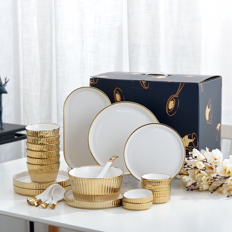 Piring Mangkuk Makan Keramik Set Putih Emas Dining Set 18 pcs Giftbox
