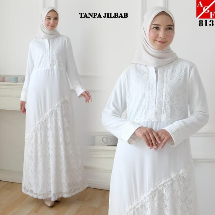 Gamis Putih bayclin buat Undangan/Gamis Putih Brokat wanita Syari Busui 813 (Putih bayclin)