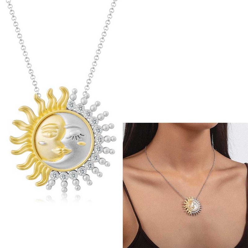 SIY  Two Tone Yellow Gold Solid Reversible Sun Moon Pendant Charm Necklace