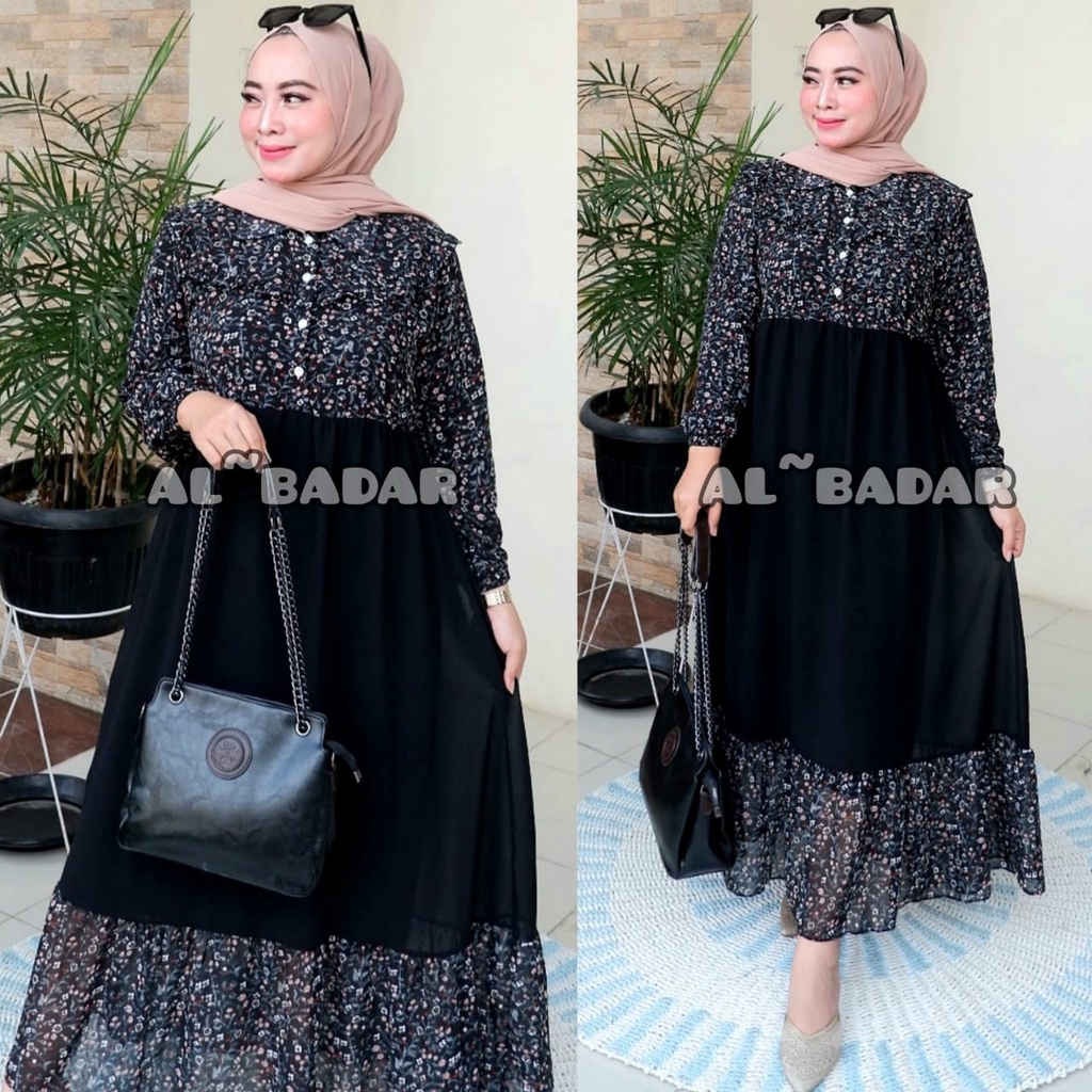 [ BISA COD ] GAMIS CERUTY BABYDOLL MOTIF KOMBINASI POLOS MIX KANCING FRIEANDLY BUSUI KERAH KOREA,DRESS CERUTY BABYDOLL MIX KERAH KOREA MODEL TERBARU BY AL BADAR