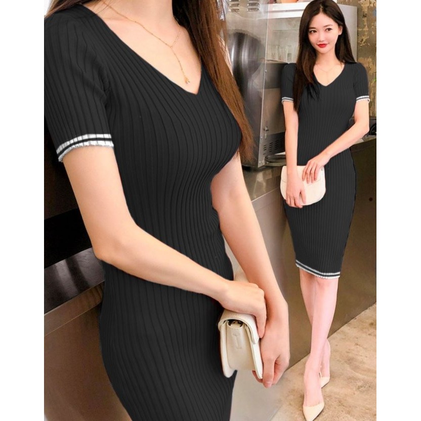 HOPYLOVY - Dress Wanita Korean Style Bodycone Kerah V list Putih Shaza