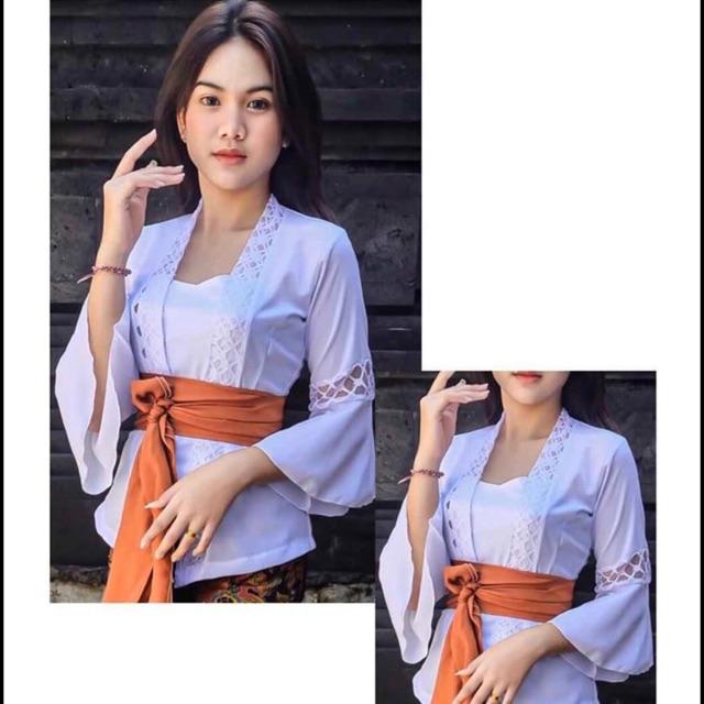 [COD] Kebaya bali semiperancis mix chifon seruti lengan lonceng / kebaya / kebaya kombinasi / kebaya-Putih