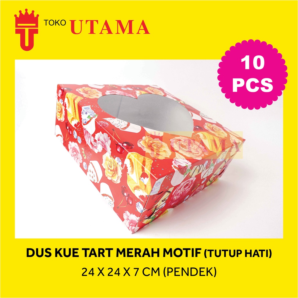 (10pcs) 24 x 24 x 7 CM Pendek Dos DUS DUPLEX Kue Tart Merah Motif Cetak Tutup Hati