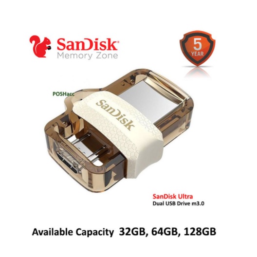 SanDisk Dual Flashdrive OTG 16GB/32GB/64GB/128GB Micro OTG  USB Flash Disk OTG 150M/S USB3.0 emas Super Dual Drive - GOLD 100% Original