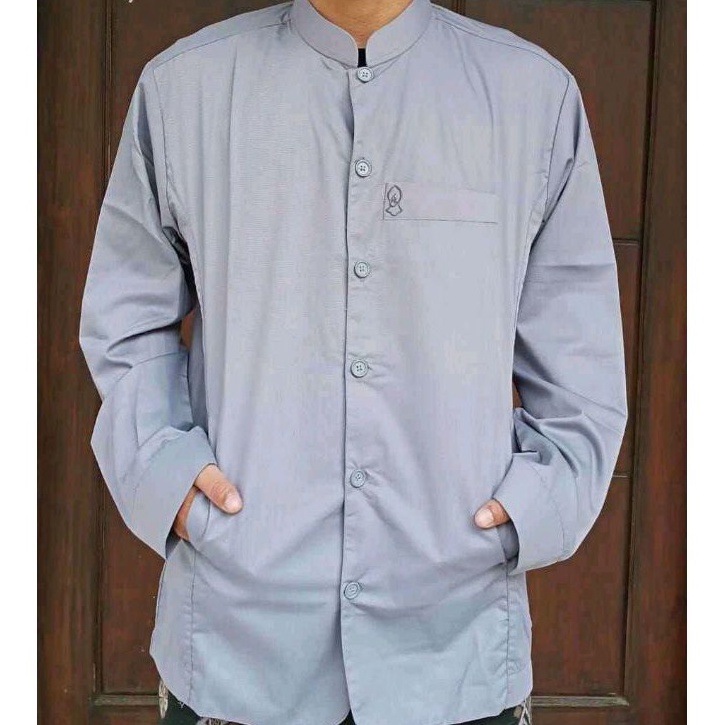 Koko Haibah Pria Dewasa Kazimi Original Semi Jas Jasko Baju Koko Habaib Putih Polos Lengan Panjang-Abu