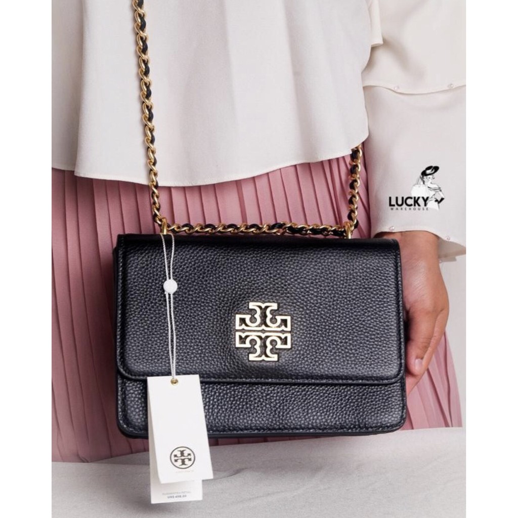 Tory Burch Britten Leather Adjustable Shoulder Bag In Black - ORI 100%