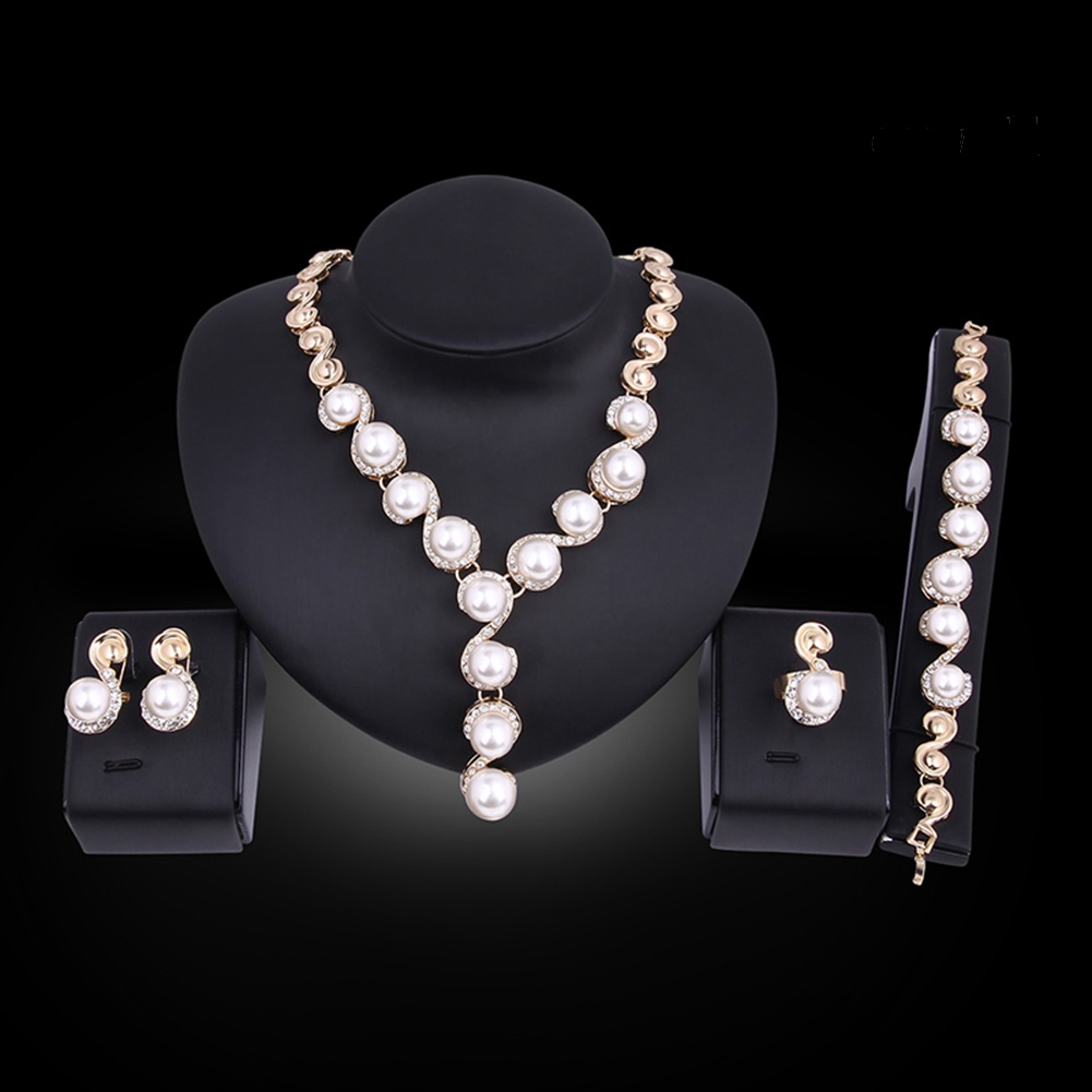 OW@ Women Pearl Inlaid Rhinestone Necklace Bracelet Stud Earrings Ring Jewelry Set