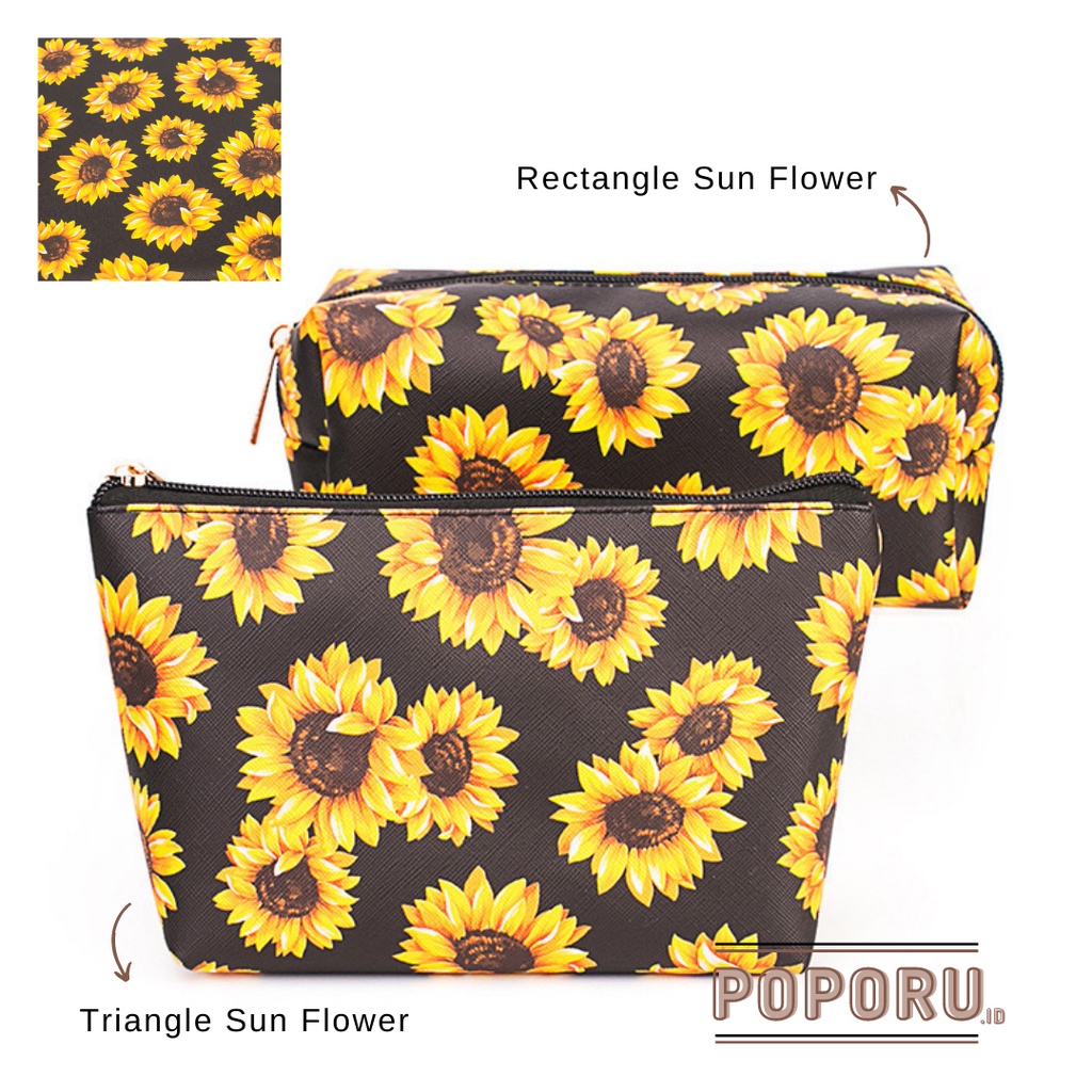 POPORU SUN FLOWER black pouch 3 types - cosmetics bag organizer for make up - tas tempat kosmetik