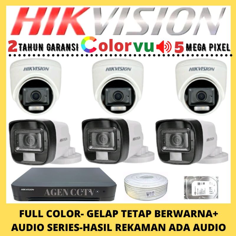 PAKET CCTV HIKVISION COLORVU 5MP 8 CHANNEL 6 KAMERA AUDIO FULL COLOR