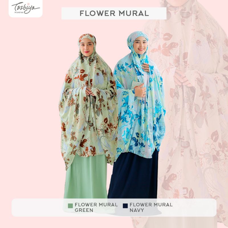 Mukena Tazbiya Flower Mural Series Green/Salem/Navi Jumbo Dewasa Katun Rayon Adem Motif Cantik Traveling