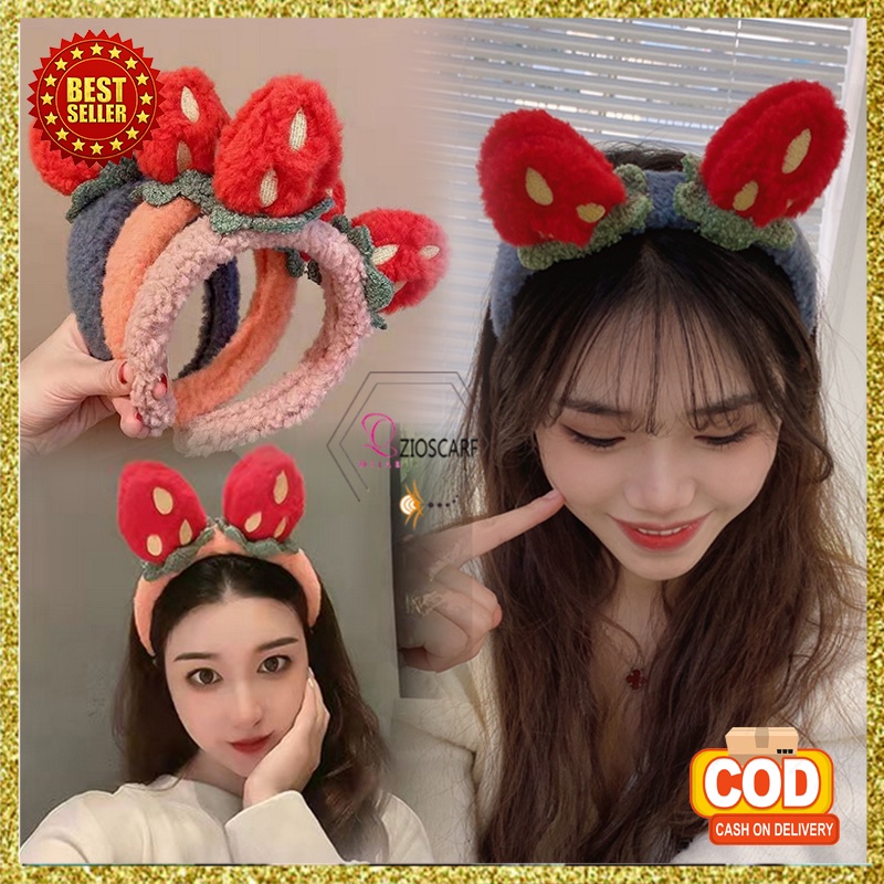 Bando Korea Perempuan Dewasa Motif Strawberry Bahan Bulu Aksesoris Hiasan Rambut Bandana AK168