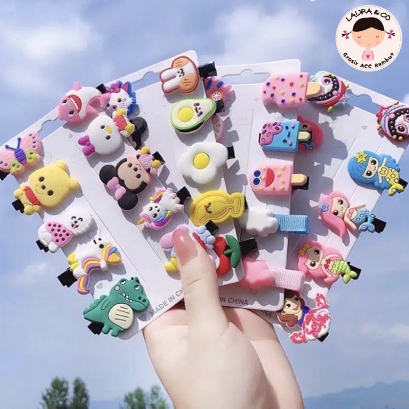 Jepitan Rambut Anak Korea Motif 10pc Kartun Set lapis karet BTS buaya