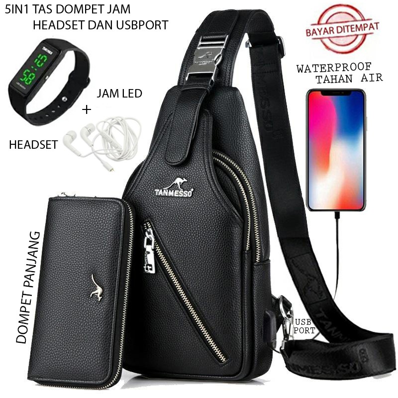 TANMESSO 5IN1 BAYAR DITEMPAT-BONUS JAM LED,DOMPET &amp; USBPORT&amp;HEADSET- TAS SELEMPANG PRIA