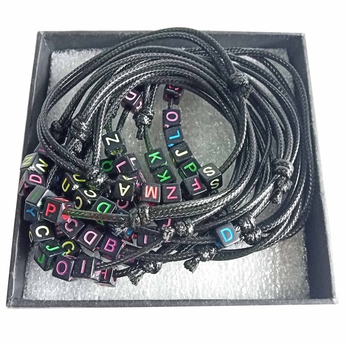12 Pcs (1 Lusin) Gelang Tangan Korea Abjad Tali Hitam