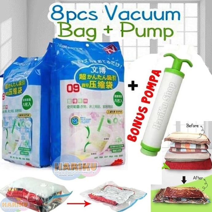 Vacuum Bag Jumbo isi 8 + FREE Pompa / Plastic Vakum Bag Travel - X478