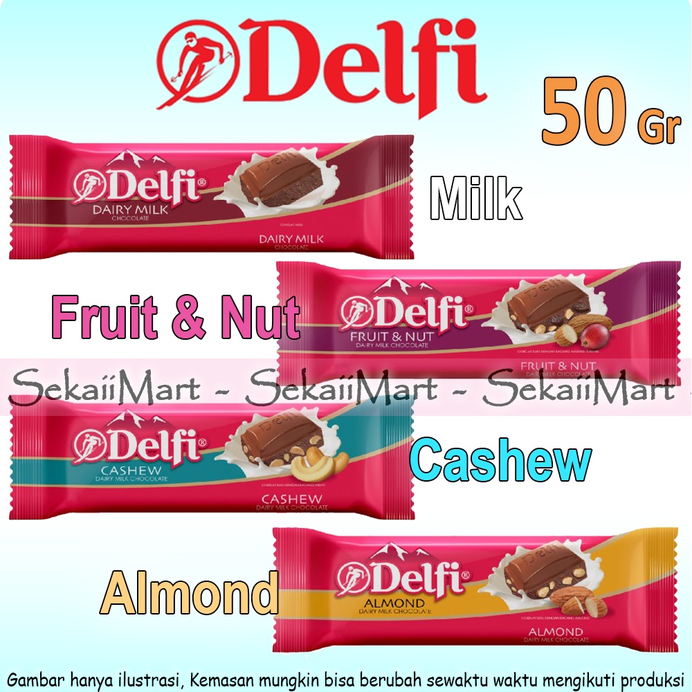 

DELFI Chocolate Bar All Variant 50g - Cokelat Almond Casew Dairy Milk Fruit Nut Uk Sedang