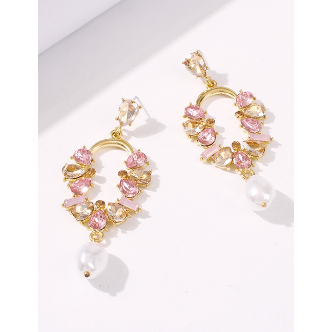 LRC Anting Tusuk Fashion White Diamond Diamond-shaped Pearl-shaped Hollow Alloy Earrings K25887