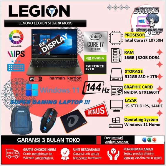 laptop gaming lenovo legion 5i 10750h 16gb 512gb 1tb gtx1660ti 6gb 144hz win11 ex display