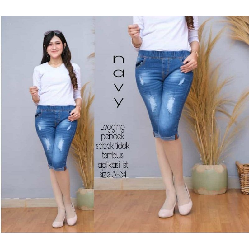 celana jeans pendek wanita jeans 7/8 list legging jeans pinggang kolor rip jeans sobek street