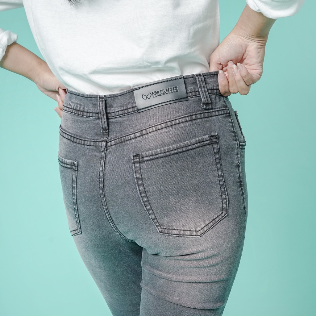 Bunbe - Highwaist jeans sobek lutut wanita skinny