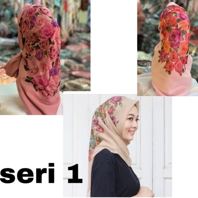 Jilbab Hijab Segi Empat Bella Printing Bunga Kombinasi Payet
