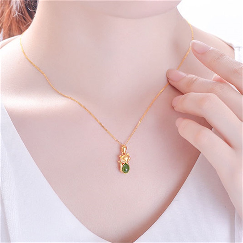 [Ready Stock]Fashion Gold Plated Emerald Fox Pendant Necklace