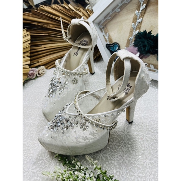 sepatu wanita wedding putih siyren putih tali 12cm