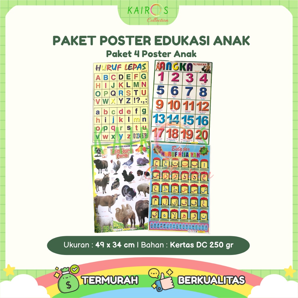 Paket 4 Poster Belajar Anak Edukasi Mengenal Huruf, Angka, Hijaiyah dan Hewan