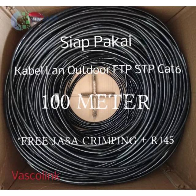 Kabel Lan Outdoor 100 Meter FTP CAT6 Siap Pakai sudah dicrimping rj45 besi dan plugbooth Vascolink Warna Hitam